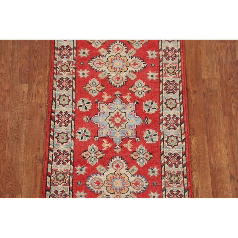 Geometric Red Kazak Runner Rug Handmade Wool Carpet - 2'2" x 5'11"