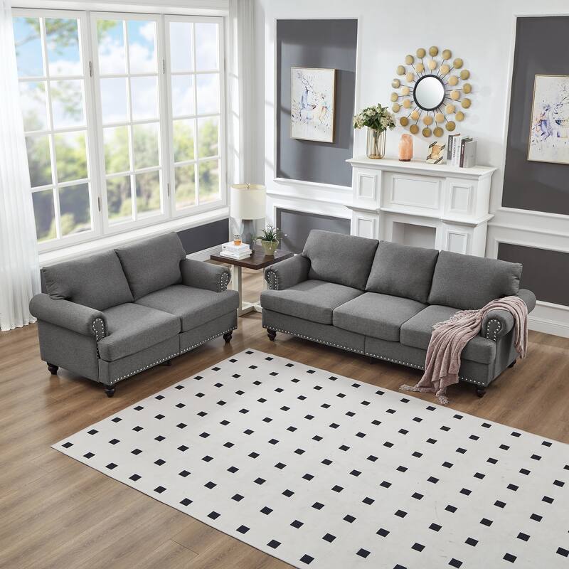 Deep Seat Storage Sofa Set of 2 with Loveseat and 3 Seater Couch - Grey