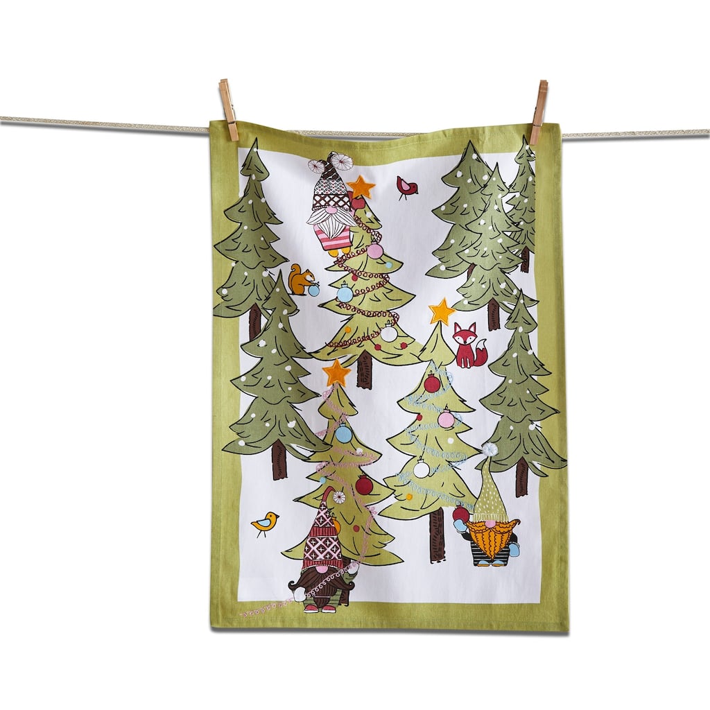 Gnomies & Furry Friends Kitchen Dishtowel Gnomes Decorating Trees in Forest with Bird & Fox, 26.0L x 18.0W in. .