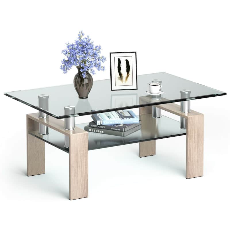 Rectangle Glass Coffee Table with Metal Legs for Living Room - 39" x 23.5" x 17.5"