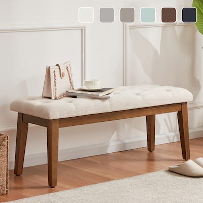 Button-Tufted Bench for End of Bed, Entryway Bench Beige/ Black/ Brown Solid Wood, Leather, Fabric 44-inch