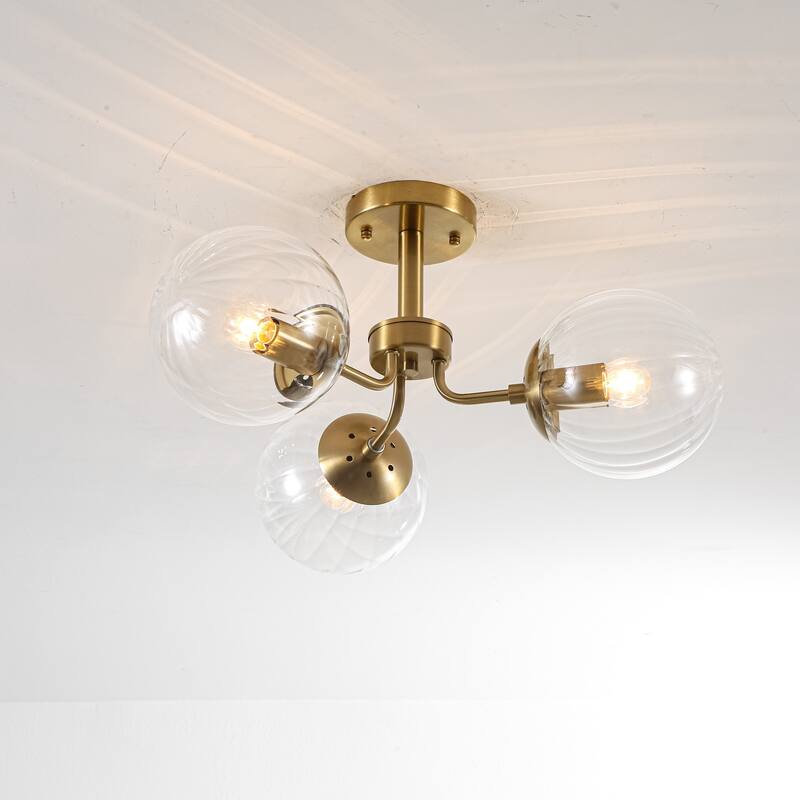 3-Light Mid-Century Modern Gold Sputnik Semi-Flush Mount Light with Clear Ribbed Glass Globe for Living Room, Entryway