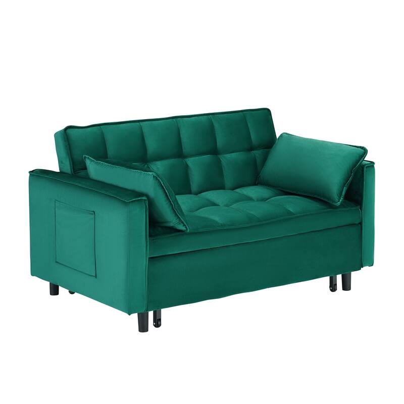 55" Green Velvet Sofa Bed with Convenient Pockets, Three-in-One Conversion
