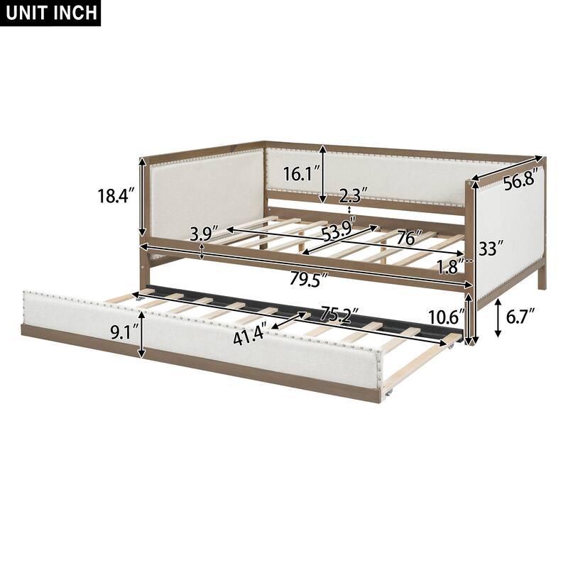 Full Size Upholstered Daybed with Twin Size Trundle and Nailhead Decoration, Linen Fabric Sofa Bed Frame with Wood Slats Support