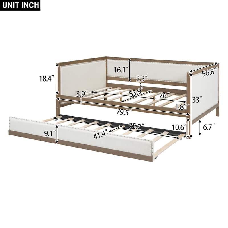 Wood Full Size Upholstered Daybed with Trundle and Nailhead Decoration for Bedroom