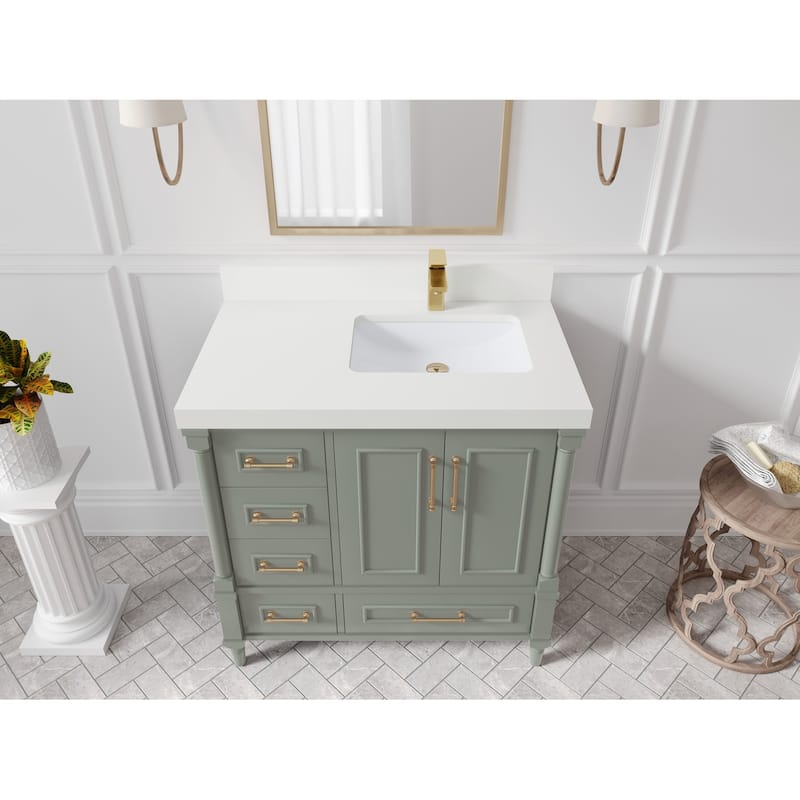 Willow Collections 36 in. W x 22 in. D Aberdeen Right Offset Sink Bathroom Vanity with Countertop - 2" White Quartz - Evergreen