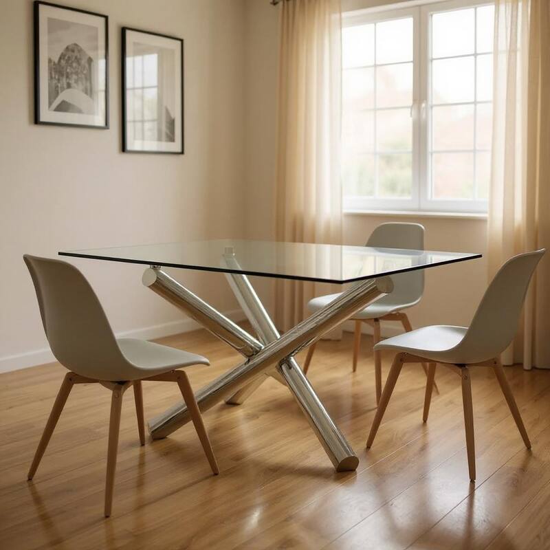 HomeRoots 60" Clear and Silver Glass and Metal Cross Leg Base Square Dining Table - 60.00 in. x 30.00 in. x 60.00 in. - Clear - 60.00 in. x 30.00 in.  x 60.00 in.