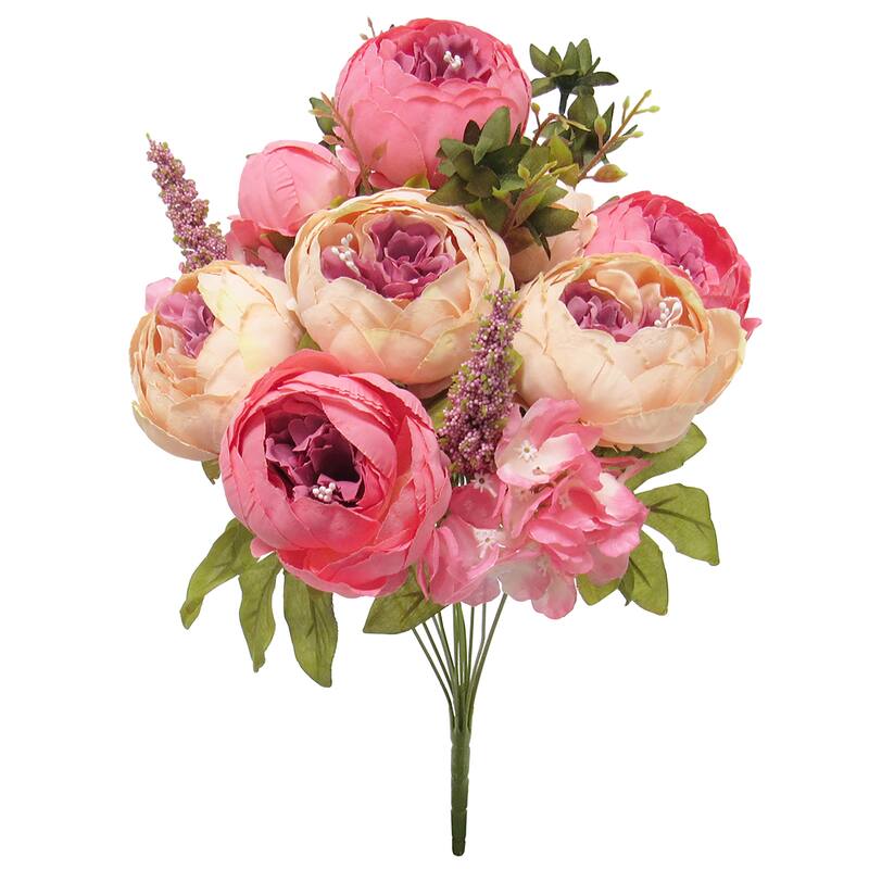 Artificial Mixed Peony Hydrangea Flower Stem Bush Bouquet 19in - 19" L x 11" W x 11" DP - Coral Peach