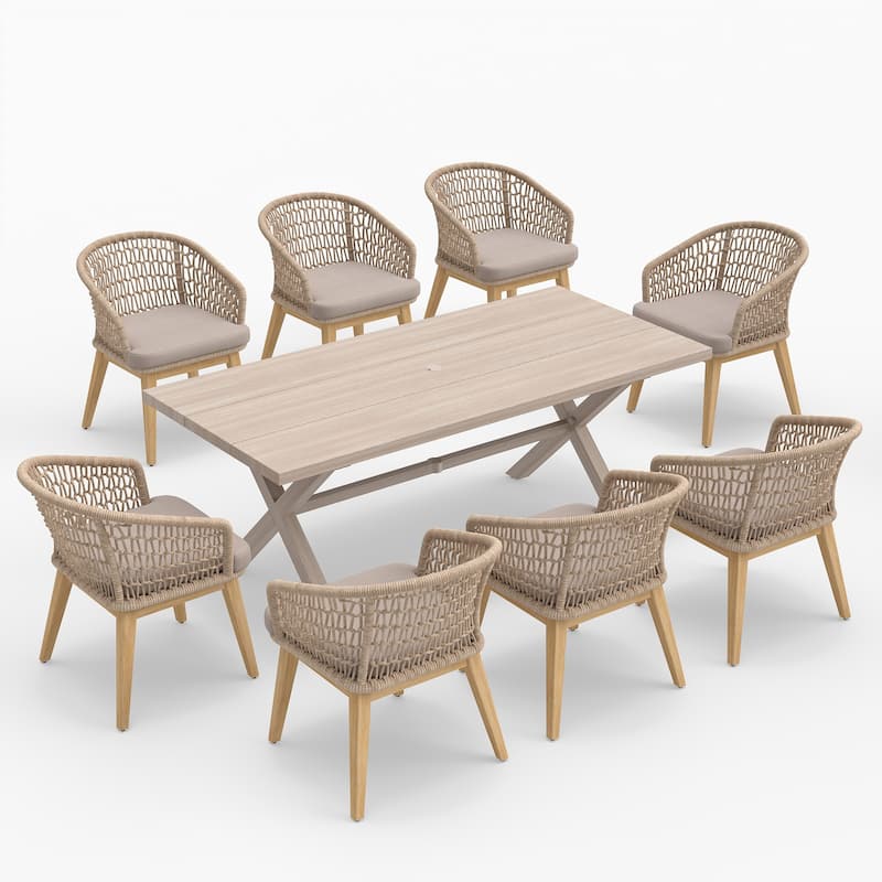 Acacia Wood & Aluminum Outdoor Dining Set - 8 Rope-Woven Chairs with X-Base Table & Umbrella Hole