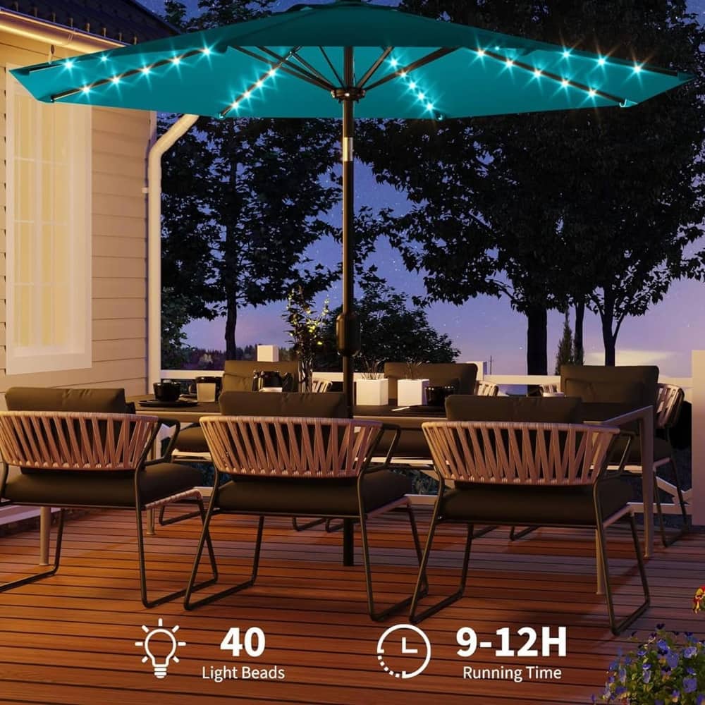 10 Ft Patio Umbrella with Solar Lights for Pool, Deck, Backyard