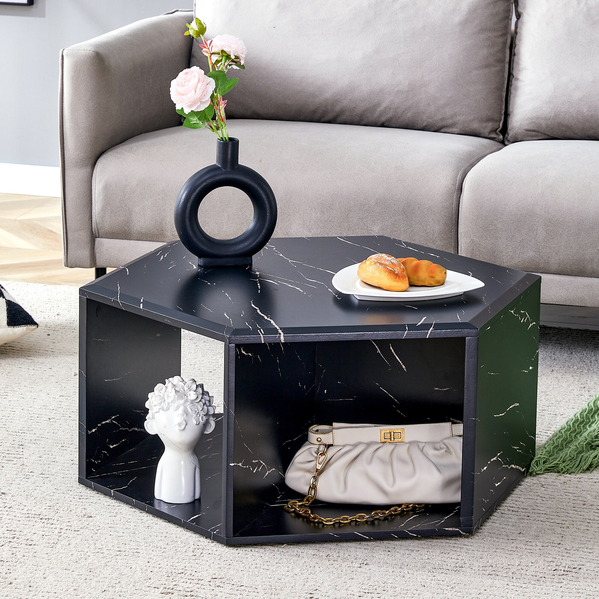 Stand up Hexagonal Coffee Table Multi hole Design Black Side Table Bed Bath Beyond 42128469