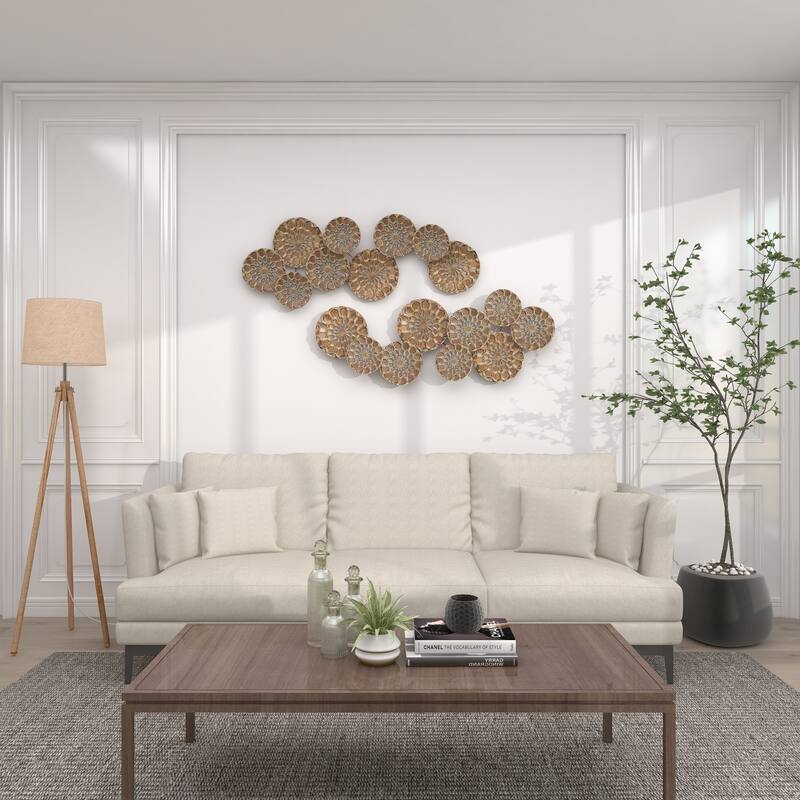 Gold Metal Embossed Floral Plate Home Wall Decor with Teal Accents