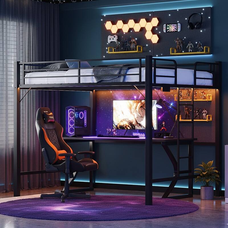 Black Queen Metal Loft Bed with LED Lights,Charging Station,Safety Guardrail and Ladder - Queen - Black