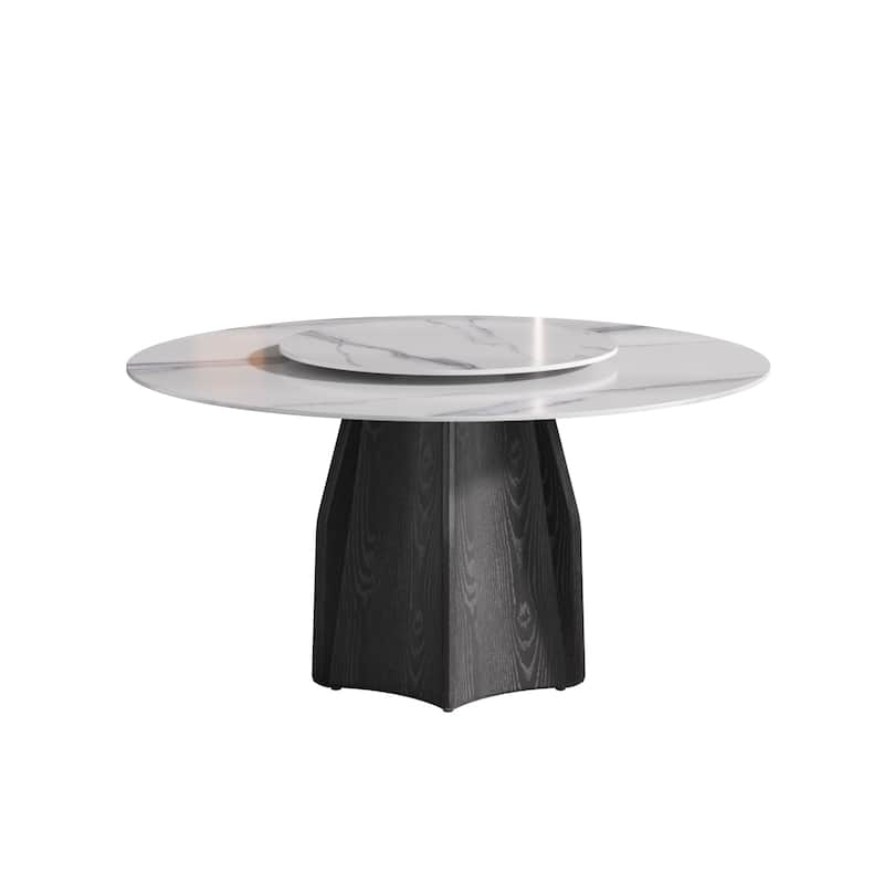 59.05'' Modern Round Sintered Stone Table Top Black Wood Pedestal with Lazy Susan