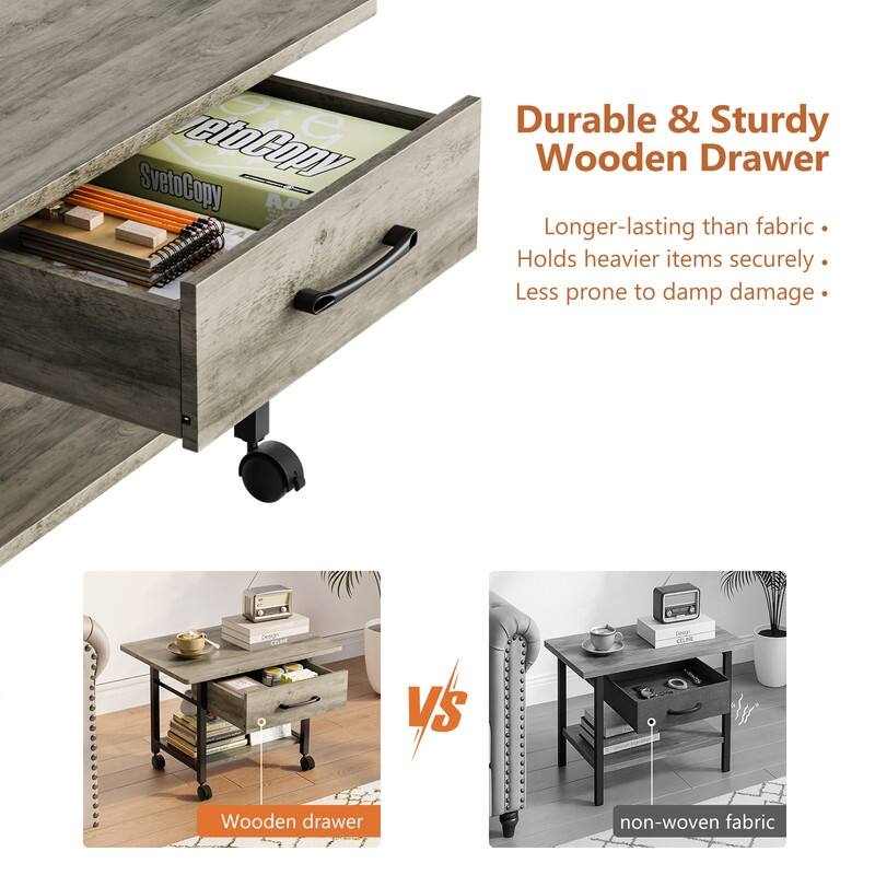 2 Tier Rolling Printer Stand with 1 Drawer Washed Gray P2 Particleboard 22x15x15.6 inches