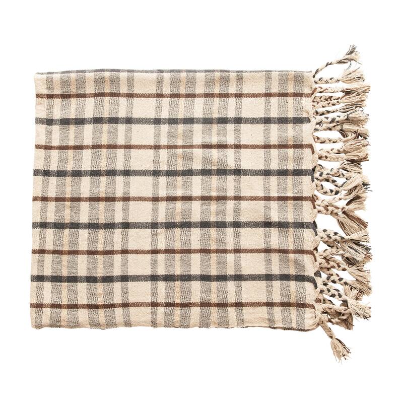 Woven Recycled Cotton Blend Plaid Throw with Tassels, Charcoal Color & Brown