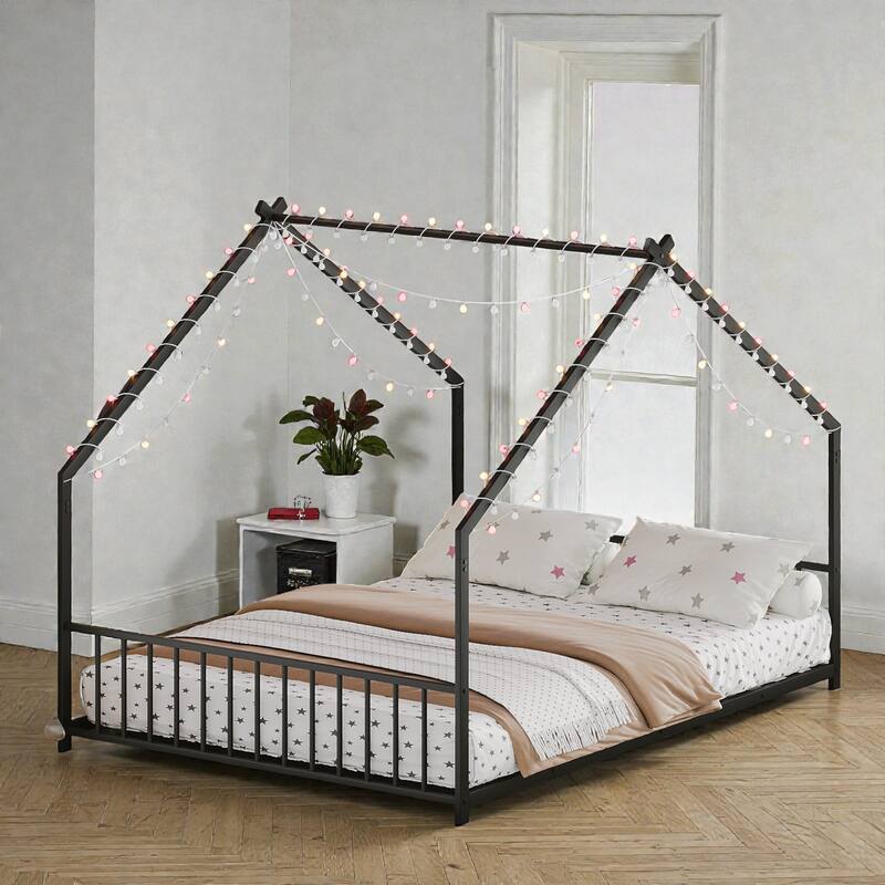 Full Size Kids House Bed Frame with LED Light Strips, Roof-Shaped Metal Floor Bed for Boys & Girls, No Box Spring Needed