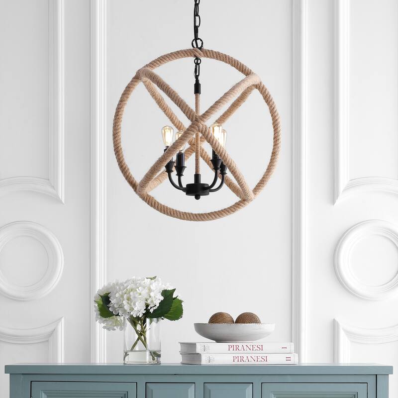 Isabelle 4-Light 20" Adjustable Globe Metal/Rope LED Pendant, Black/Brown by JONATHAN Y