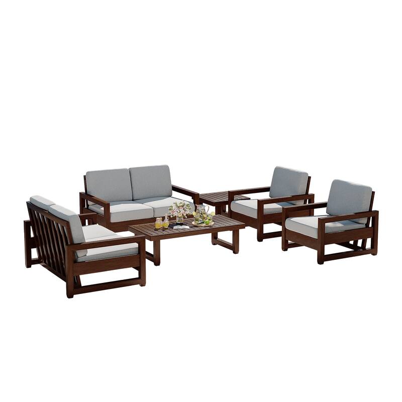 7-Piece Outdoor Teak Wood Conversation Set with Loveseat, Chairs and Tables