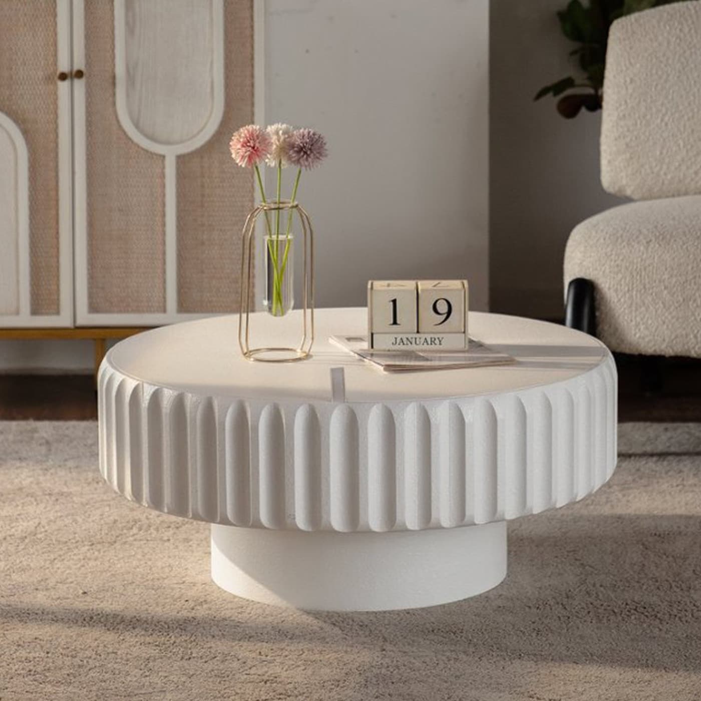 43.31 in White Round Fluted Storage Table with Lift-Off Lid - 31.5