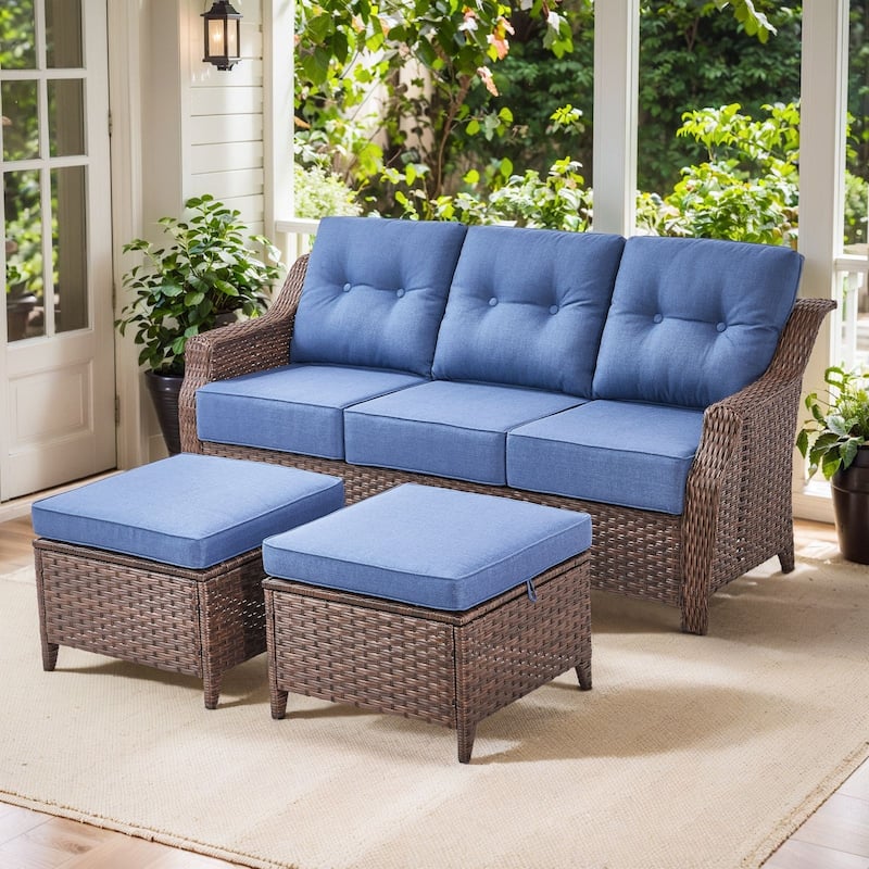 Artisan 3-Seat Wicker Patio Sofa with 6-Inch Thick Cushions and 2 Ottomans