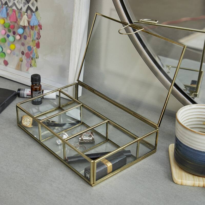 CosmoLiving by Cosmopolitan Gold Glass Decorative Jewelry Box with Clear Glass - Gold