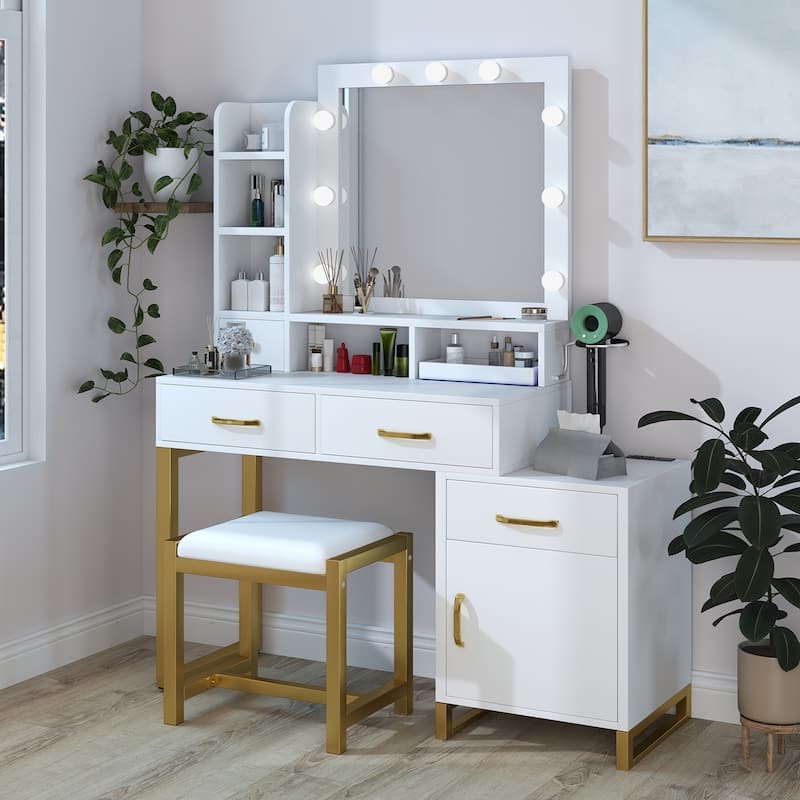 46''Makeup Vanity 11 Drawers Glass Top Vanity - White with light bulb - 5-drawer