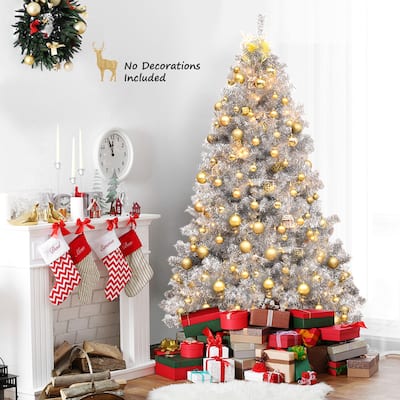 Gymax 7.5 FT Silver Tinsel Christmas Tree Artificial Hinged Tree - See Details