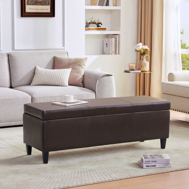 50.3" x 17.50" x 18" Upholstered Rectangular Storage Ottoman-Faux Leather