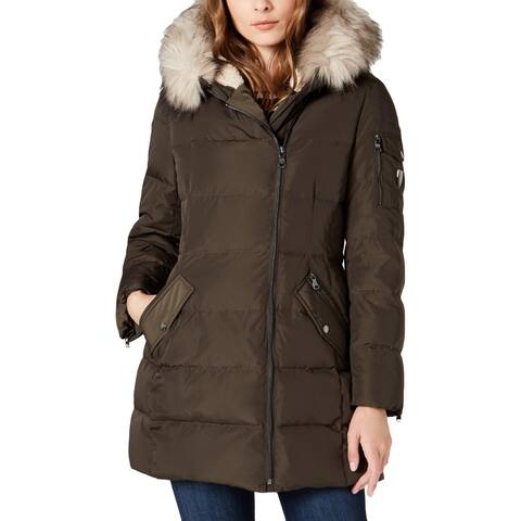 Vince Camuto Women's Asymmetric Quilted Down Puffer Coat with Faux Fur Trim