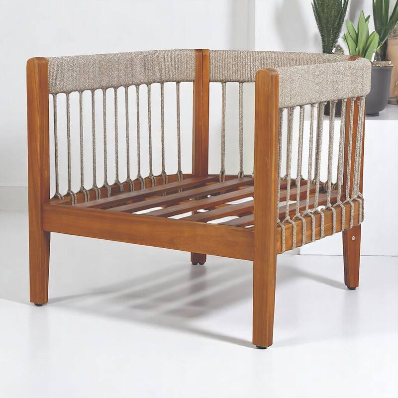 Outdoor Lounge Chair with Cushions, Acacia Wood Frame & Handwoven Rope, All-Weather Tub Chair with for Patio, Deck, or Garden