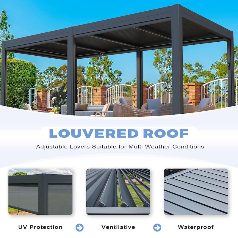 EROMMY Outdoor Louvered Pergola Gazebo with Adjustable Aluminum Rainproof Roof and Pull-Down Screen