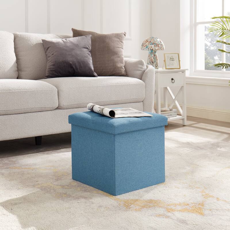 Javlergo 15" Foldable Storage Ottoman, Tufted Linen Foot Rest Stool/Seat Toy Chest