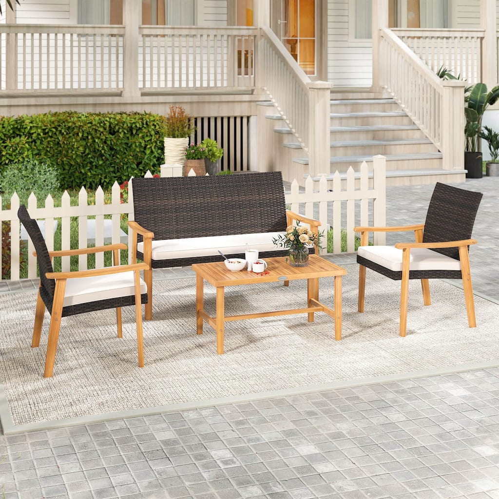 Costway 4 PCS Patio Furniture Set with Acacia Wood Coffee Table & Soft - See Details