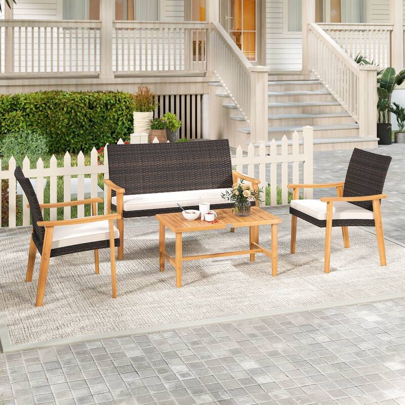 Costway 4 PCS Patio Furniture Set with Acacia Wood Coffee Table & Soft - See Details - as pic shows - See Details