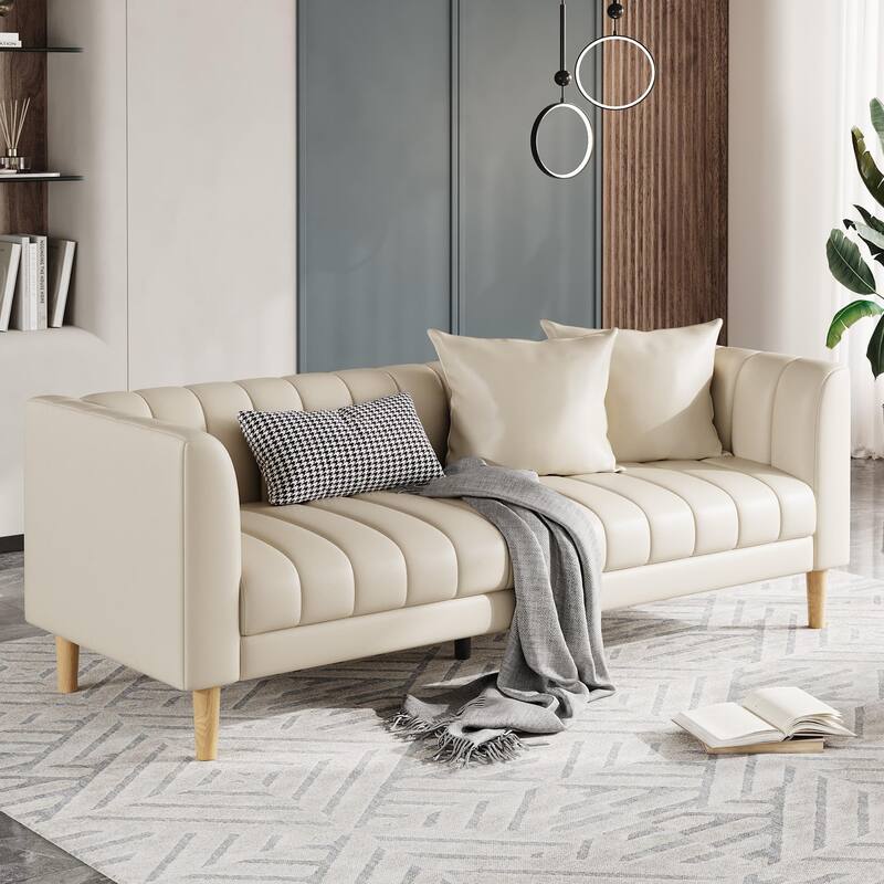 Faux Leather Sofa Couch, Modern 78" W Sofa with Deep Seats, 3 Seater Sofa Couch with 2 Throw Pillows and Wood Legs