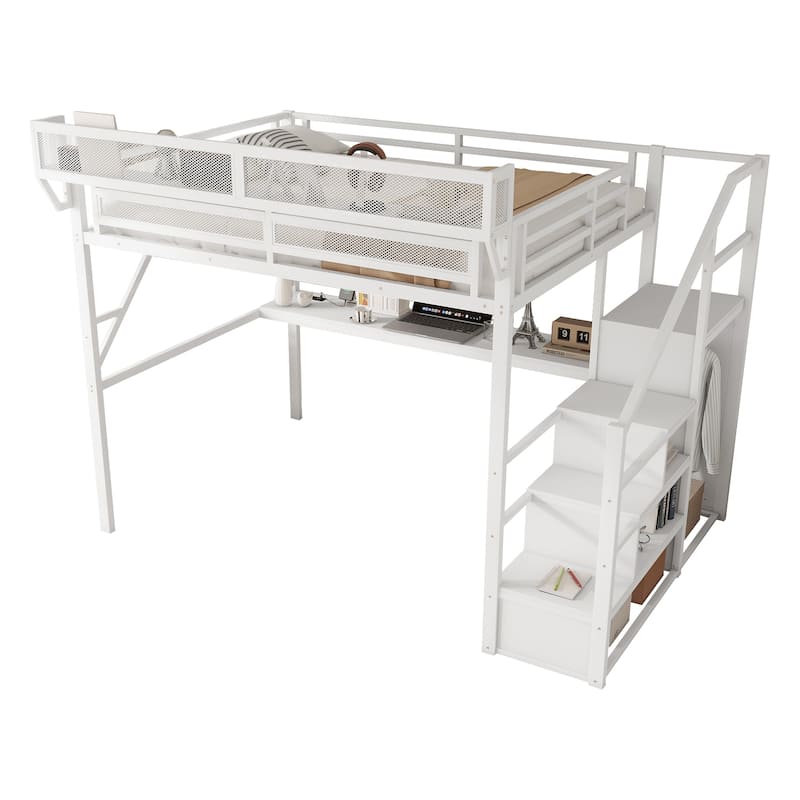 Iron Loft Bed Frame with Desk, Charging Station, Bedside Shelf and Wardrobe, Heavy Duty Metal Loftbed with LED Lights