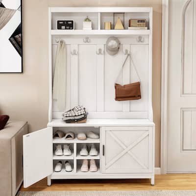 Moasis Farmhouse 68" Hall Tree with Seat Bench and 7 Hooks, Coat Shoes Storage Rack for Entryway