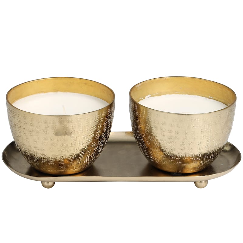 Silver or Gold or Copper Metal Scented Grid Patterned 10 oz 1 Wick Candle with White Wax (Set of 2)