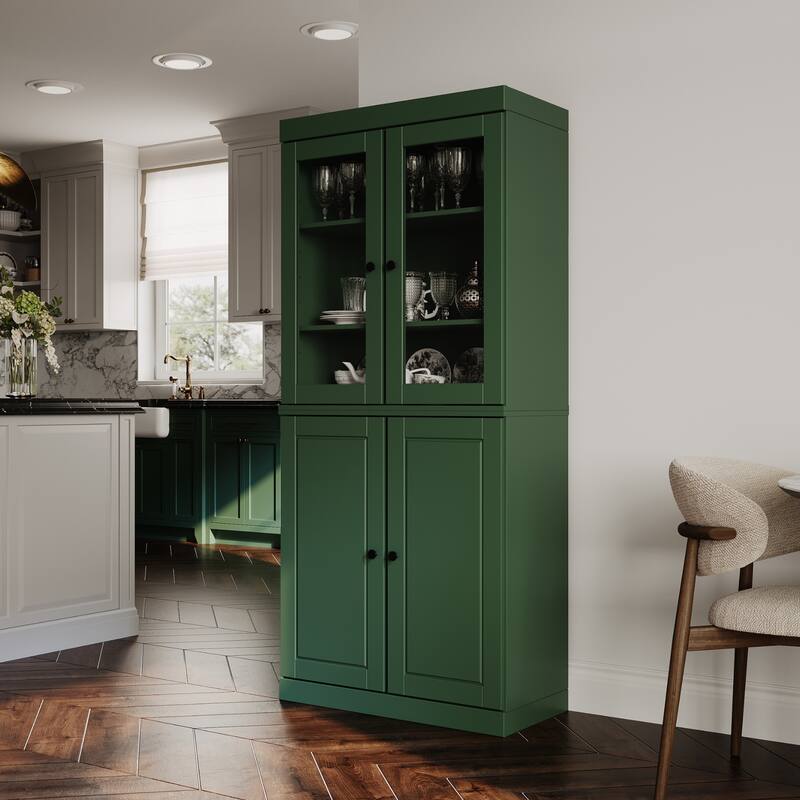 Palace Imports 100% Solid Wood Pantry Cabinet, Raised Panel & Clear Glass Doors, Adjustable Shelves, 32" Wide, 71.5" Tall - Green
