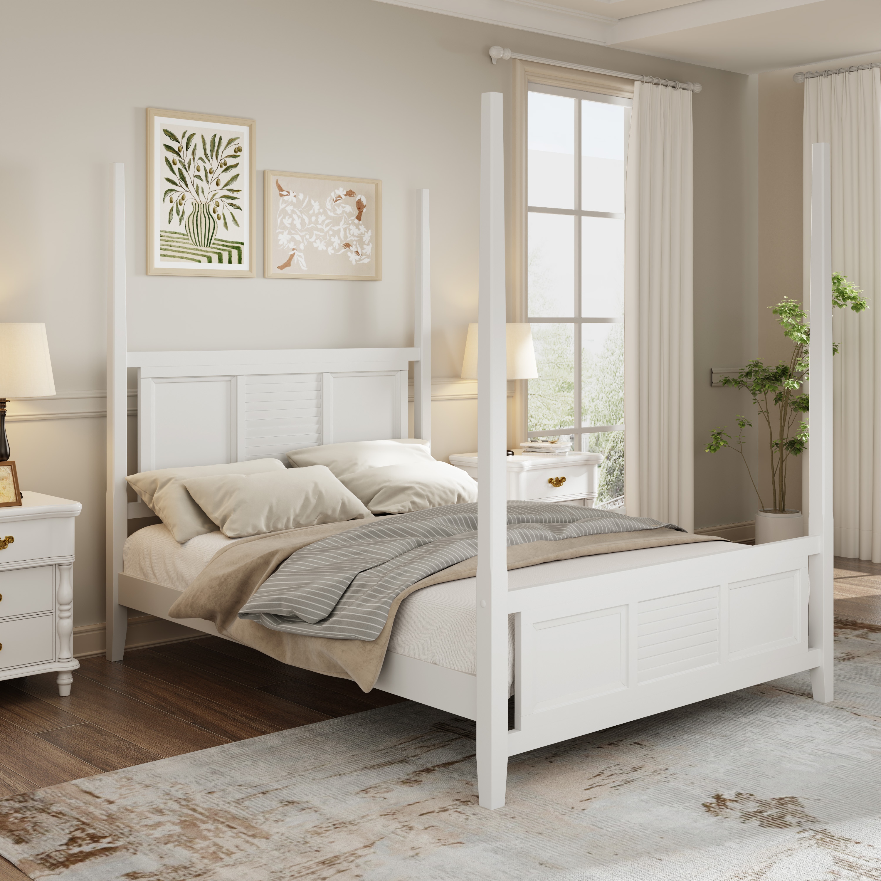 King Four Poster Platform Bed with Grille Design Pine Wood 75 Tall White
