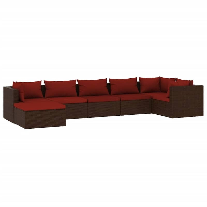 vidaXL 7 Piece Patio Lounge Set with Cushions Poly Rattan Brown - 27.6" x 27.6" x 24" - 27.6" x 27.6" x 24"