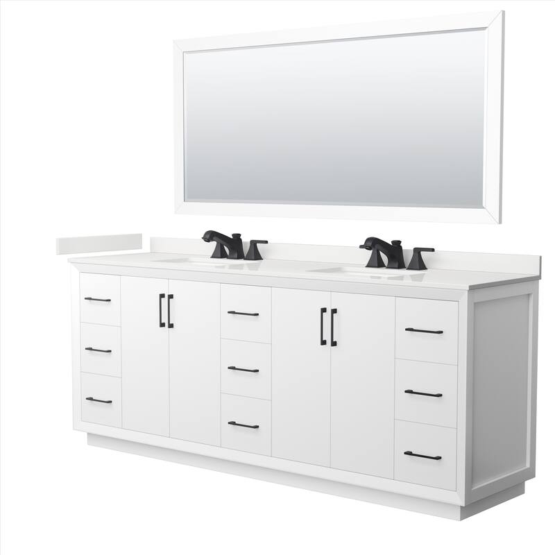 Strada 84-inch Double Vanity, Quartz Top, 70-inch Mirror - White, Black Trim, White Quartz Top