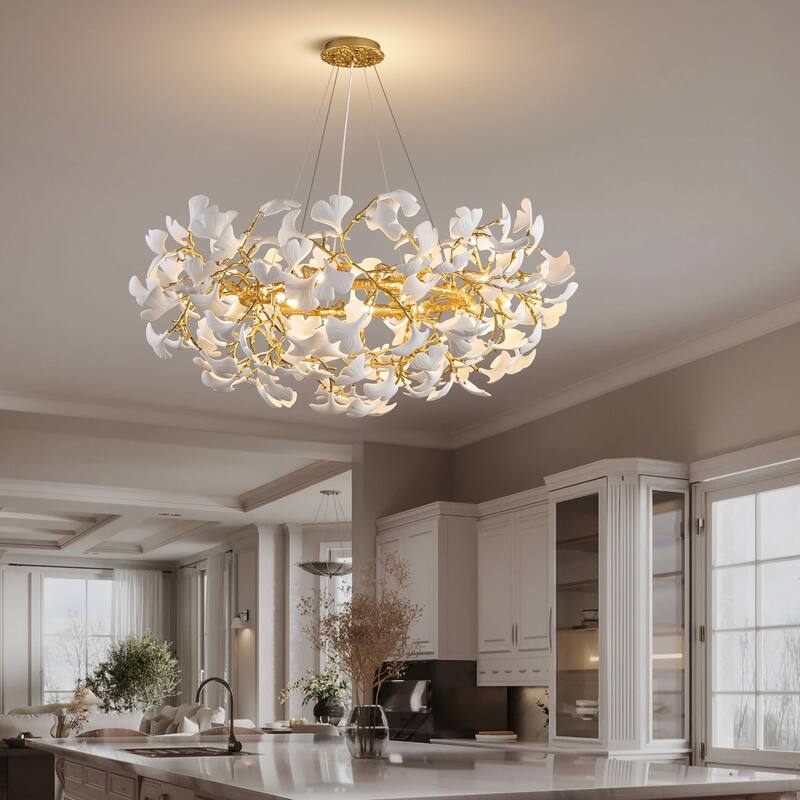 Modern Ginkgo Leaf Ceramic Chandelier, Moon Ring Round Pendant Light, D550-D1200, Gold Finish