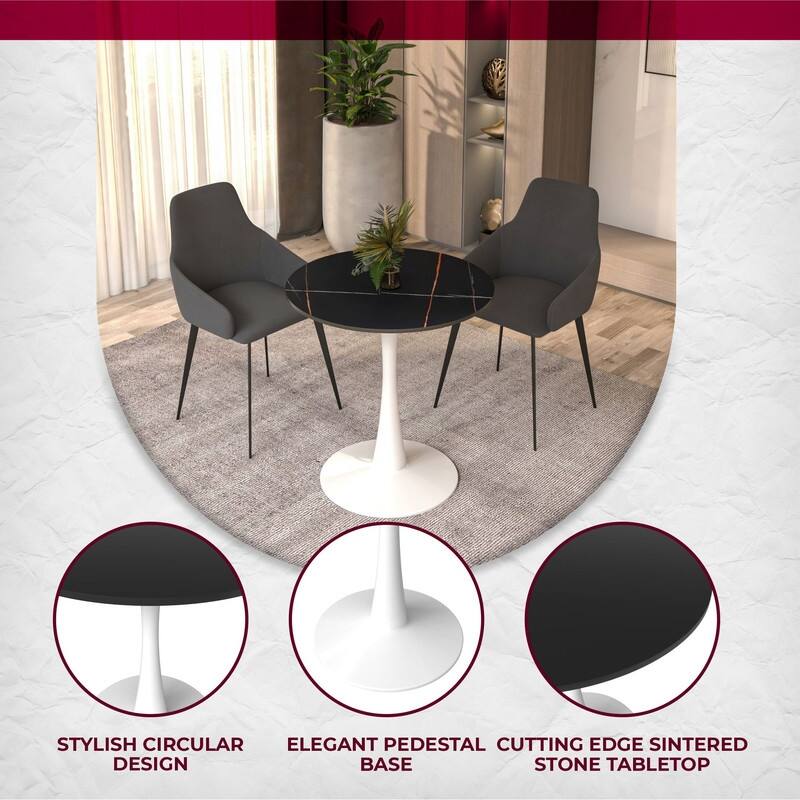 Bristol Modern Round Pedestal Dining Table with Scratch-Resistant Sintered Stone Top and Steel Base, Seats of 2-4