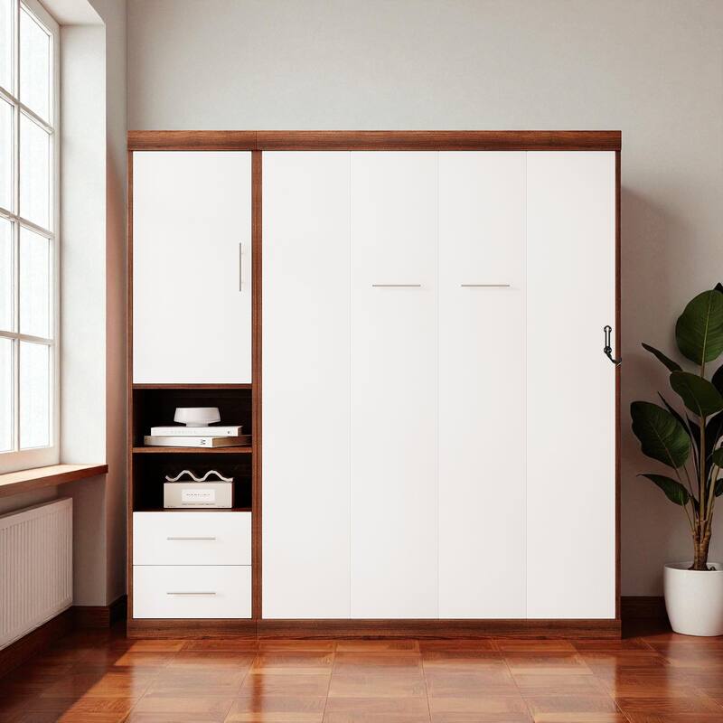 Twin/Full Size Murphy Wall Bed with Side Cabinet Storage, Foldable Bed with Slat Support, Space-Saving Bedroom Furniture - White - Full