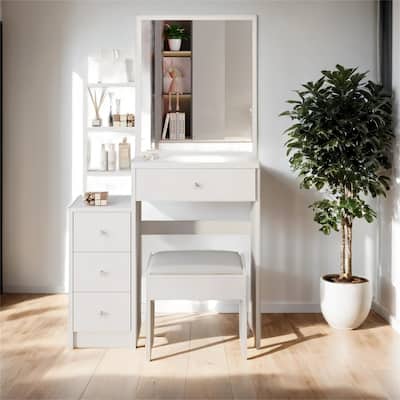 High Capacity Vanity Table with Cushioned Stool and Sliding Mirror