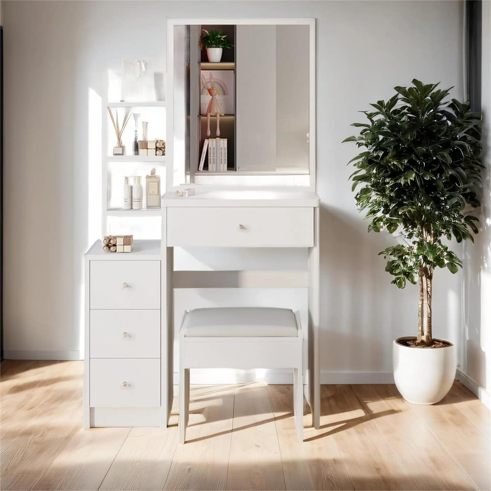 High Capacity Vanity Table with Cushioned Stool and Sliding Mirror