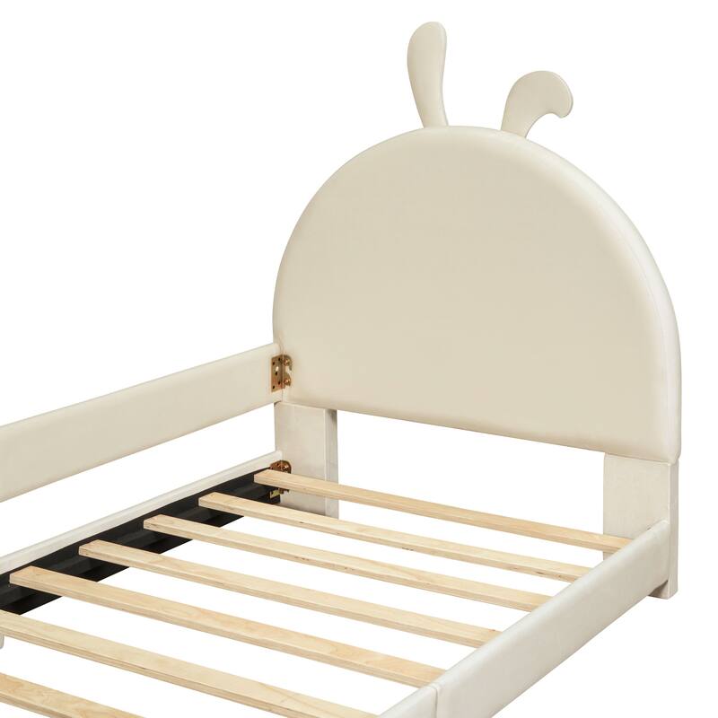Twin Upholstered Daybed with Fun Rabbit Ear-Shaped Headboard, Velvet Finish, and Sturdy Wood Frame - Grey/Beige/Pink