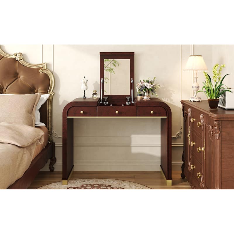 Roomfitters Flip Top Vanity Desk with Mirror and Hidden Storage, Modern Makeup Table with Gold Trim for Small Space